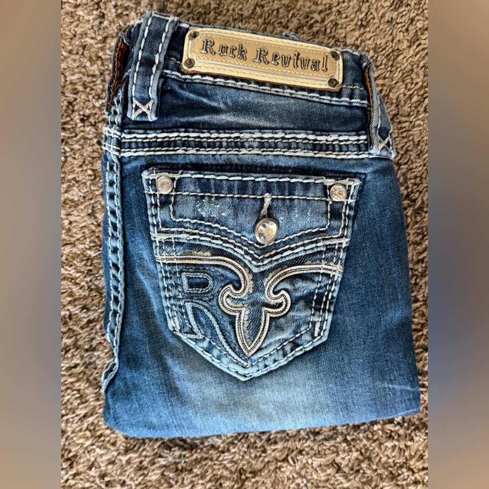 Rock Revival Blue Denim Jeans with Embroidered Details
